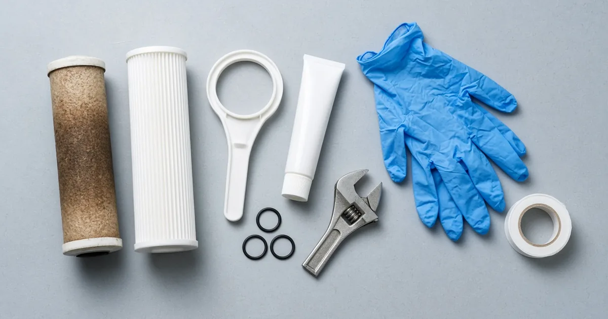 Water filter maintenance supplies: used and new sediment cartridges, housing wrench, O-rings, gloves and tape