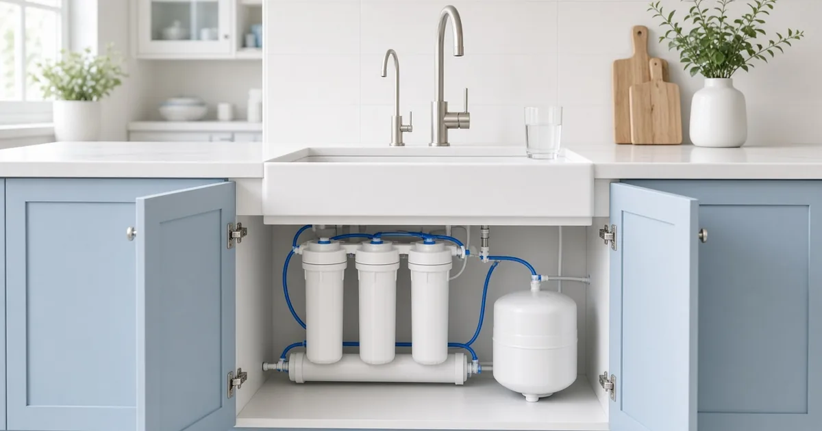 Under-sink reverse osmosis system with filter stages, membrane and storage tank below a sink with a drinking faucet