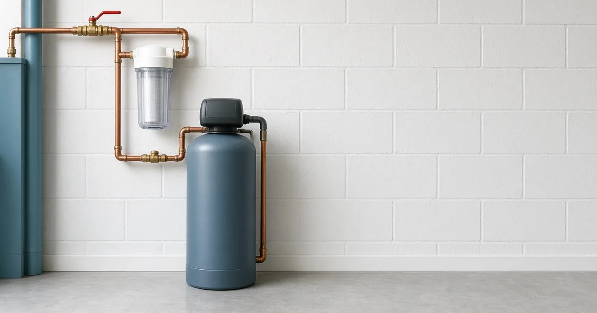 Whole house water filter with a sediment pre-filter and carbon media tank on a home's main water line