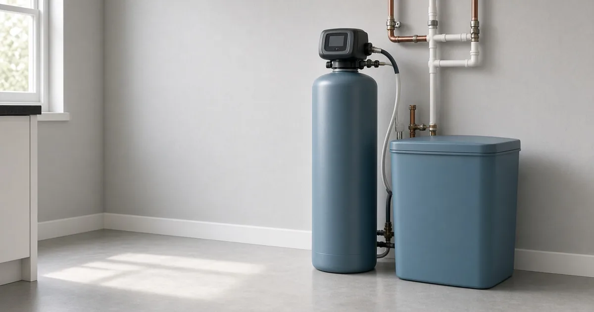 Salt-based water softener with a digital metered control valve beside its brine tank in a bright utility room