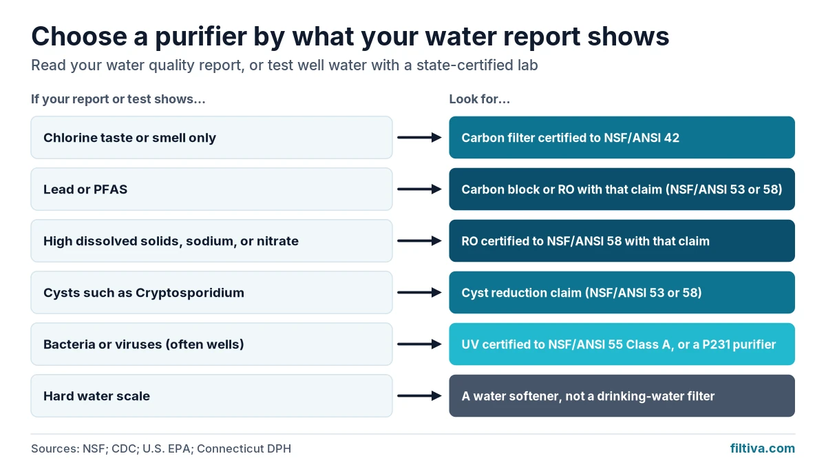 Decision chart matching water report findings, such as chlorine, lead, PFAS, nitrate, or germs, to a purifier type