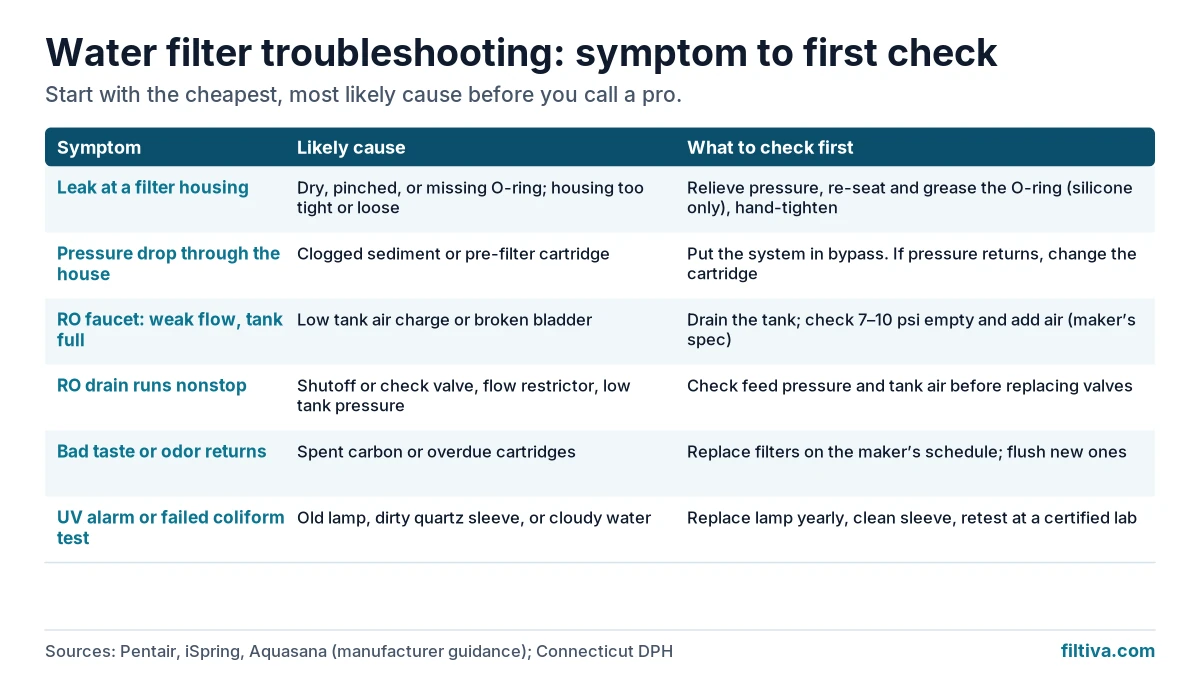 Filtration troubleshooting chart: housing leak, pressure drop, weak RO flow, nonstop RO drain, bad taste, UV alarm, first fixes