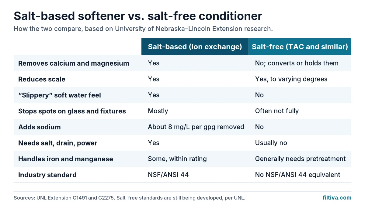 Side-by-side comparison of a salt-based ion exchange softener and a salt-free TAC conditioner