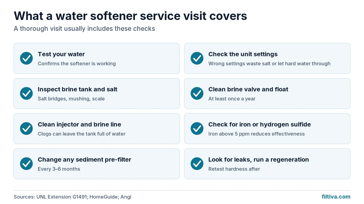 Checklist of a water softener service visit: water test, settings, brine tank, float, injector, pre-filter, and leaks