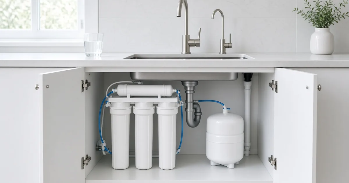 Under-sink RO system with three filter housings, a membrane, and a storage tank below a sink with a separate RO faucet