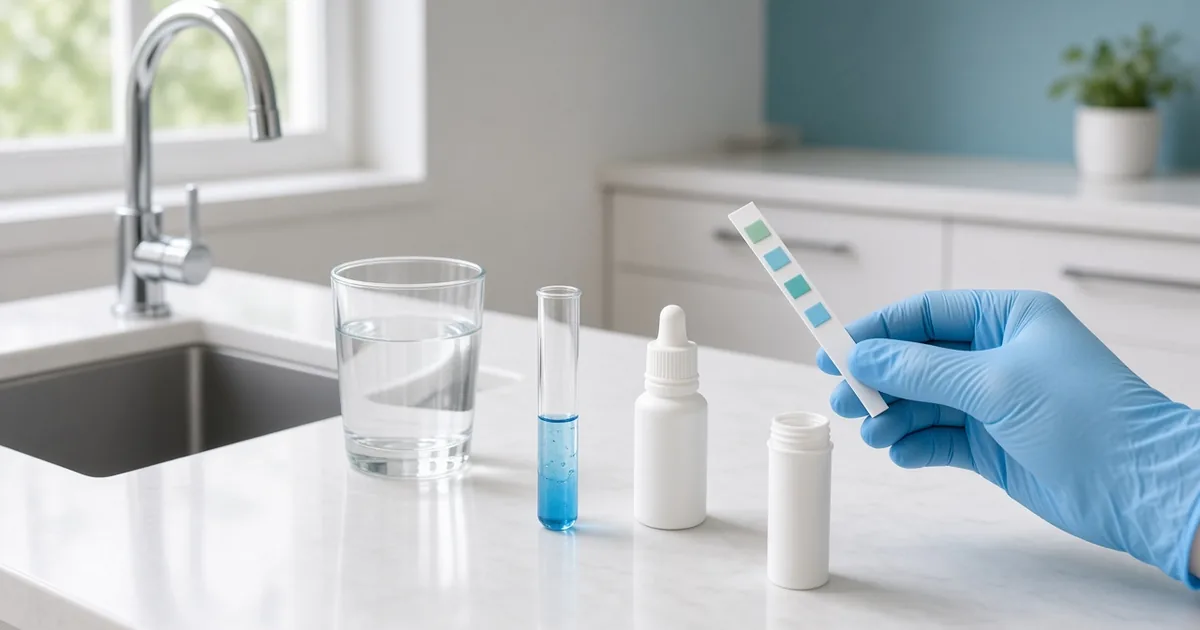 Gloved hand holding a water hardness test strip beside a glass of tap water, a blue test vial, and a dropper bottle