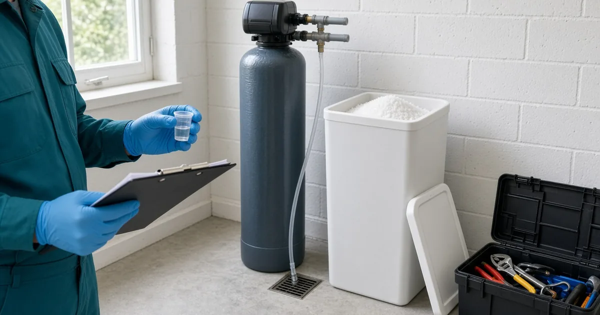 Technician holding a water sample and clipboard beside a softener resin tank, an open brine tank of salt, and a toolbox