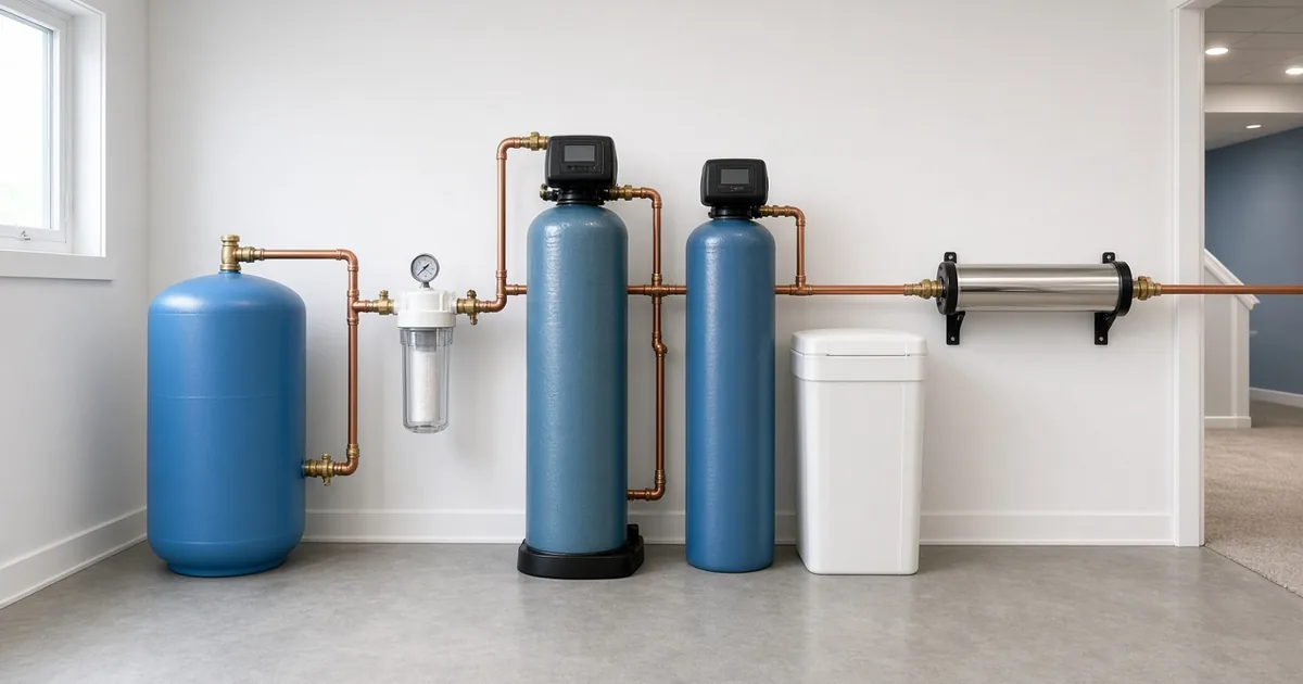 Basement well water treatment train: pressure tank, sediment filter, two media tanks, brine tank, and UV unit on one line